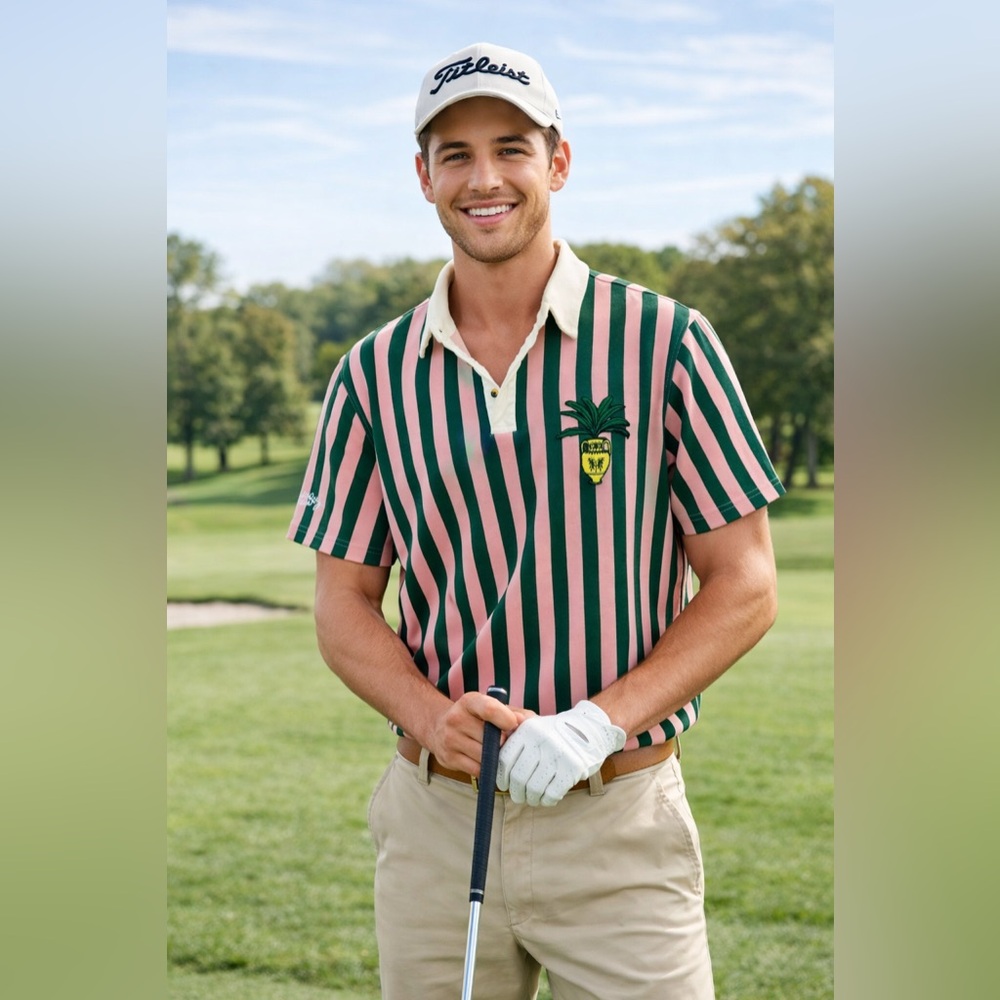 BOGEY BOYS Striped Short Sleeve Golf Polo Pink Green Preppy Men's Size L Summer